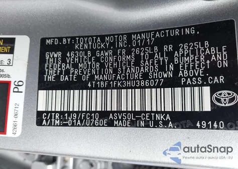 2017 Toyota Camry Le/Xle/Se/Xse z USA, uszkodzony, nr VIN 4T1BF1FK3HU386077